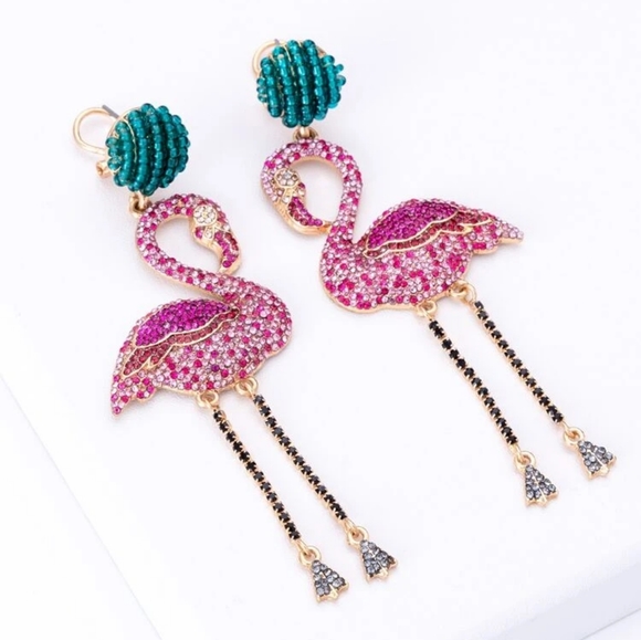 Restocked!  "Lisea"  Rhinestone Flamingo Drop Earrings Stud Earrings - Picture 4 of 7